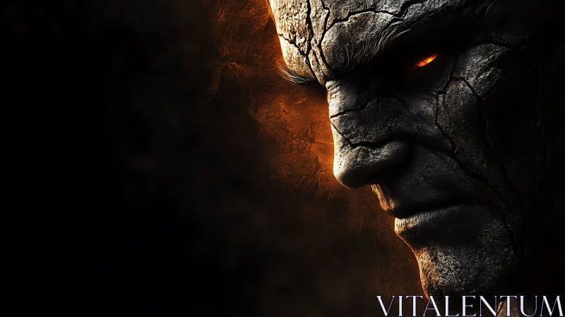 Brooding stone-faced titan with burning ember eye portrait.