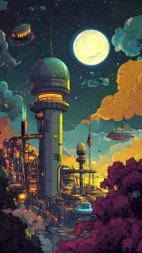 Futuristic moonlit cityscape with towers and air traffic.