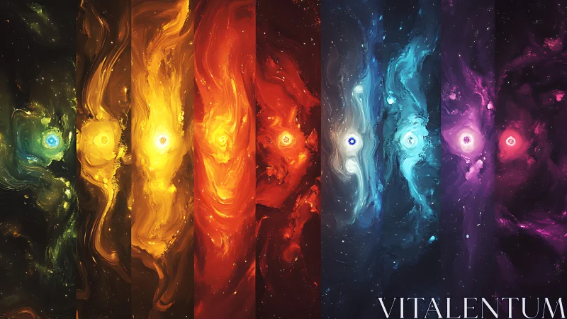 Cosmic ribbons of color swirling around luminous star cores.