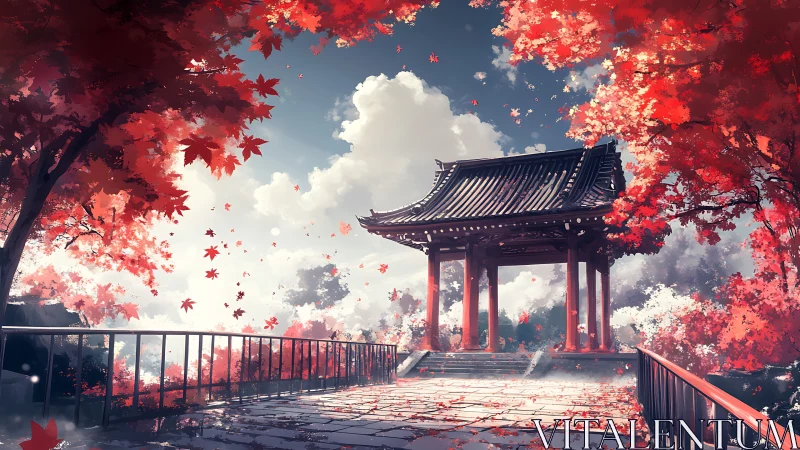 Gentle autumn gateway under drifting red maple leaves.