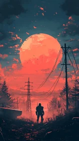Lone armored wanderer confronts colossal red moon skyline.