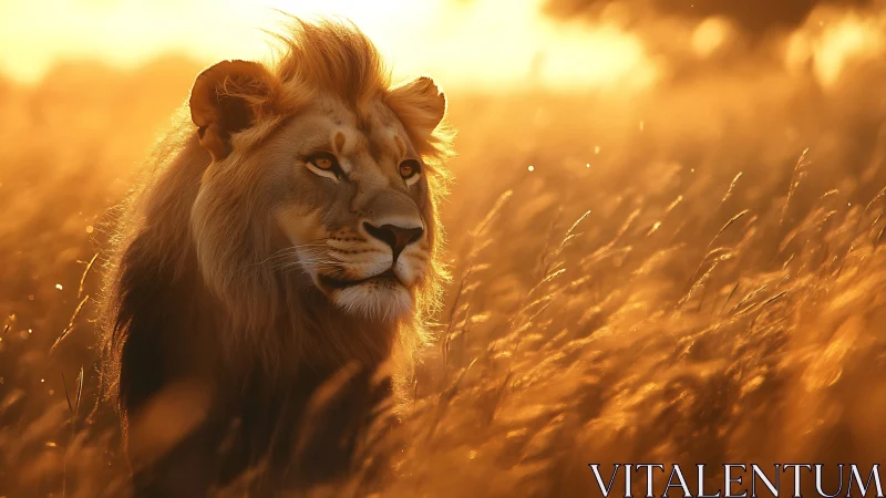 Golden savanna lion gazes through glowing evening grass.