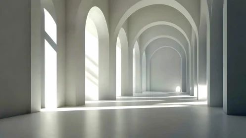 Sunlit minimalist arches in an endless white corridor.