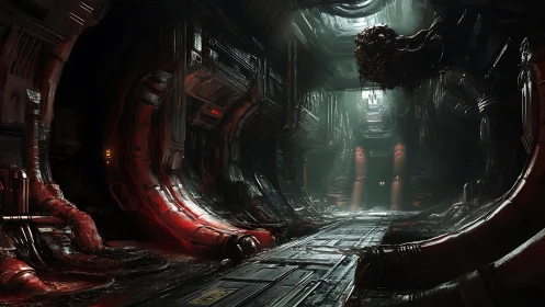 Industrial alien corridor under ominous organic infestation.