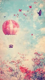 Dreamy pink balloon drifting through a sky of butterflies.