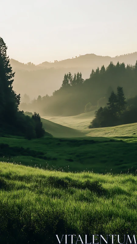 Sunlit green valley with misty forested hills in distance.