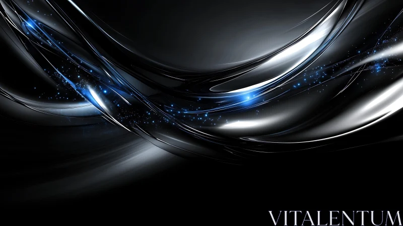 Futuristic flowing metallic waves with glowing blue accents in abstract style.