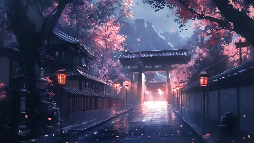 Japanese shrine street with lanterns and cherry trees at dusk.