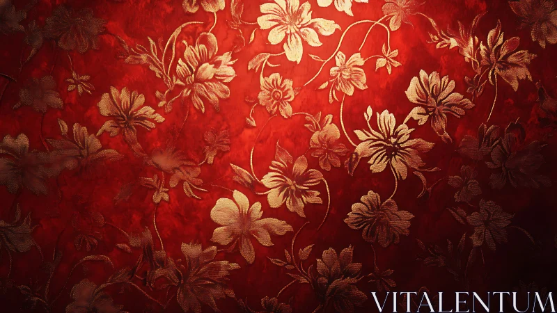 Gold floral pattern overlays textured red background