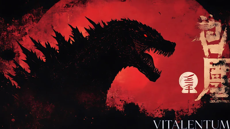 Godzilla silhouette against distressed red sun backdrop.