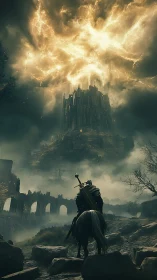Lone rider approaches a storm-lit citadel shrouded in ruin