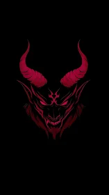 Red horned demon head illustration on black background.