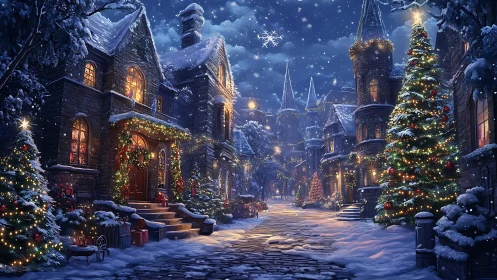 Cozy snowy village street glowing with magical Christmas lights.