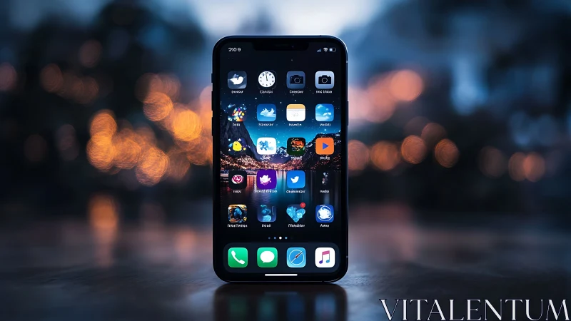 iPhone home screen with app icons against blurred urban background