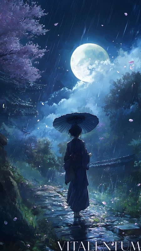 Moonlit rainwalk with lone figure and umbrella in 桜 garden.