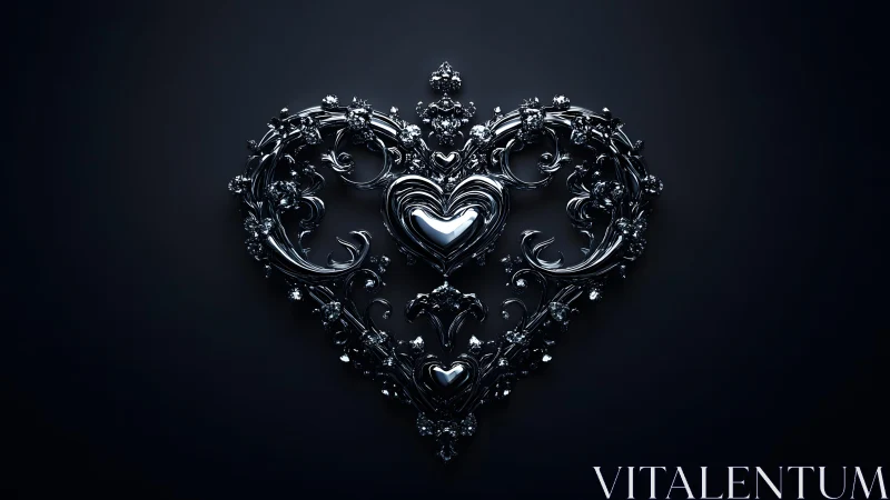 Ornate metallic heart with intricate baroque details on dark background.