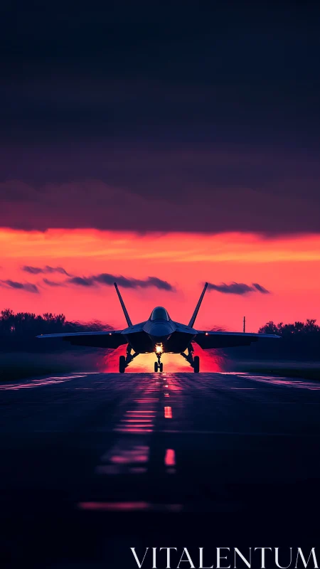 Jet aircraft on runway at dusk under vivid sunset sky.