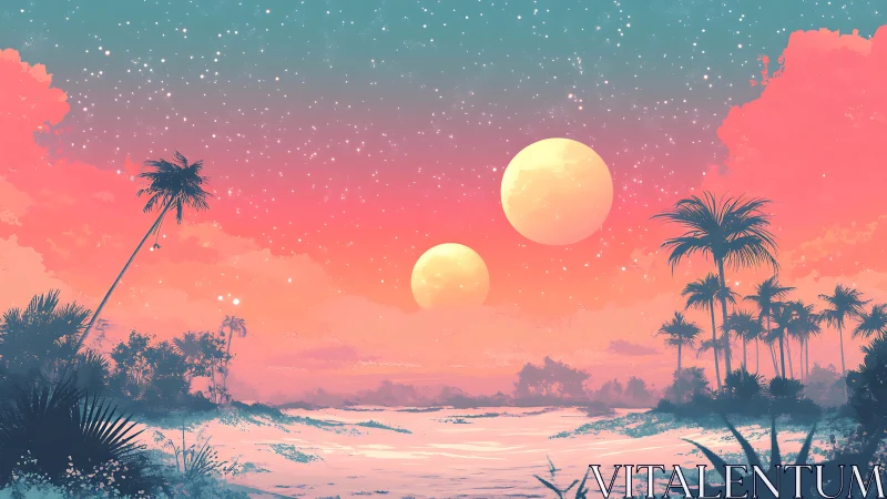 Two moons glow above tropical shoreline under vivid sky