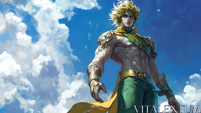 Skyforged champion strides through tempest-kissed clouds.