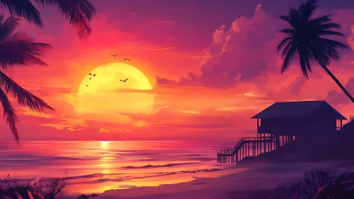 Spectral-gradient tropical sunset with silhouetted stilt house.