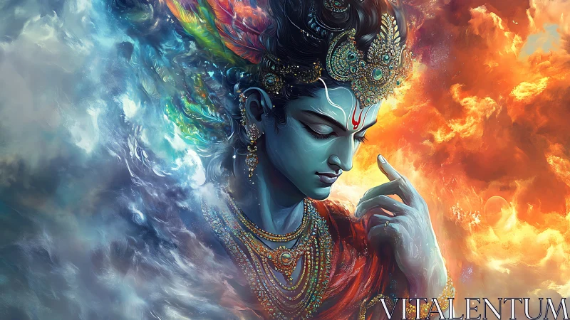 Blue-skinned deity figure amid contrasting cloud forms.