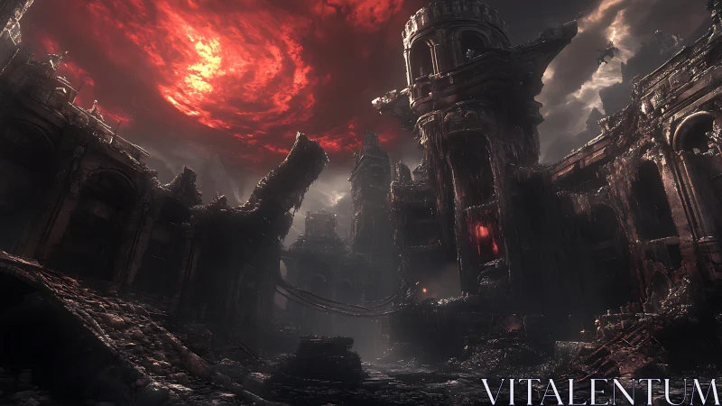 Ruinous citadel beneath vortexing crimson stormfront sky.