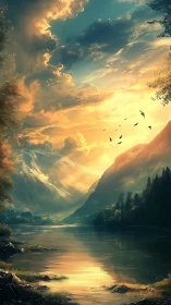 Dramatic mountain valley lake under glowing sunset sky.