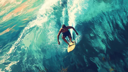 Sunlit lone surfer carves turquoise thunder into ribbons.