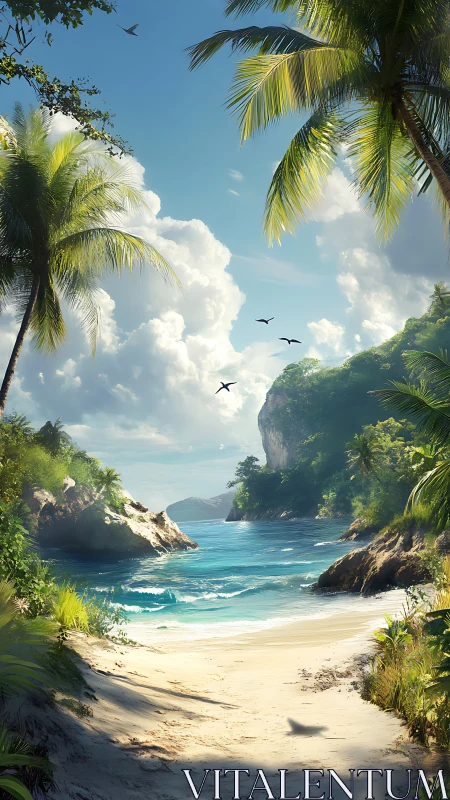 Tropical Cove Seascape with Palm Framed Beach and Flying Birds.