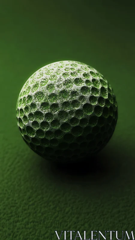 Textured green golf ball rests on dark matte surface