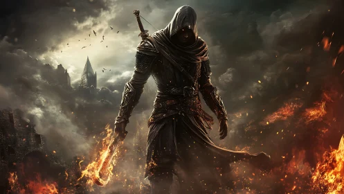 Hooded pyroblade warrior in burning gothic battlefield twilight.