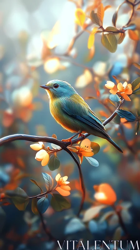 Small blue-yellow bird on flowering branch in soft light.