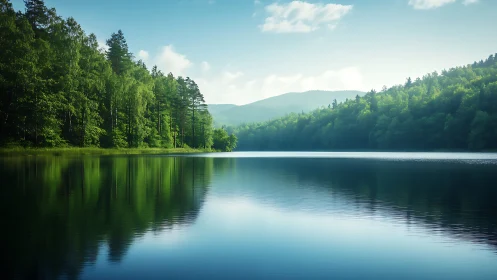 Calm forest lake with symmetrical tree reflections under soft haze