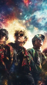 Cosmic streetwear trio under nebular light diffusion field.