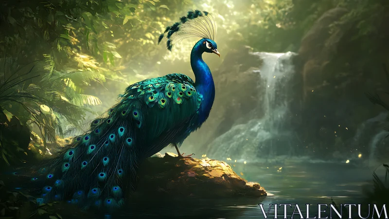 Majestic peacock in lush forest near waterfall, fantasy artwork.