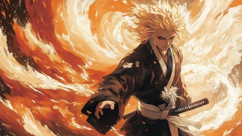 Sword-wielding figure stands before swirling fire vortex