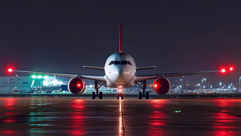 Passenger jet on wet airport runway at night, front view.