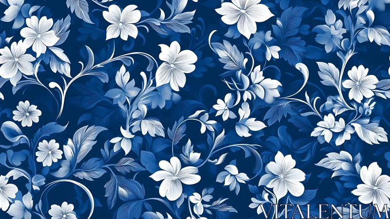 Deep Blue Floral Composition: White Five-Petaled Blooms with Botanical Foliage