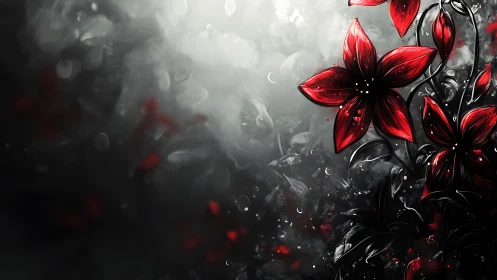 Crimson Flowers Dancing Through Misty Dreams