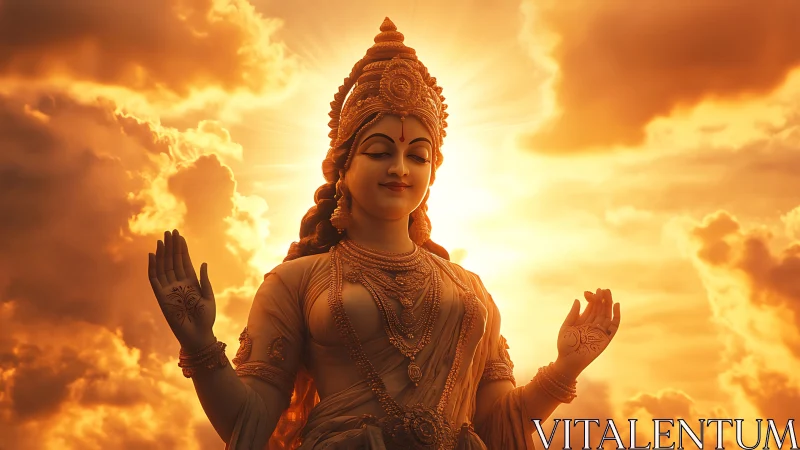 Divine goddess statue in radiant golden sunset backlight.