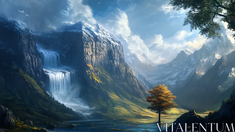 Majestic alpine cirque with tiered waterfall and lone autumn tree