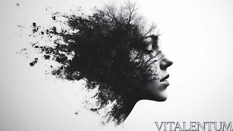 Monochrome double-exposure portrait with dissolving foliage form.