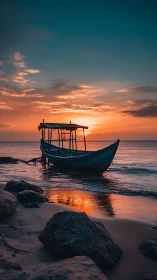 Abandoned wooden boat grounded at shoreline under saturated sunset sky