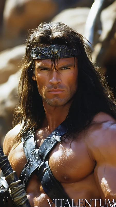 Sunlit barbarian champion in leather harnessed battle poise.