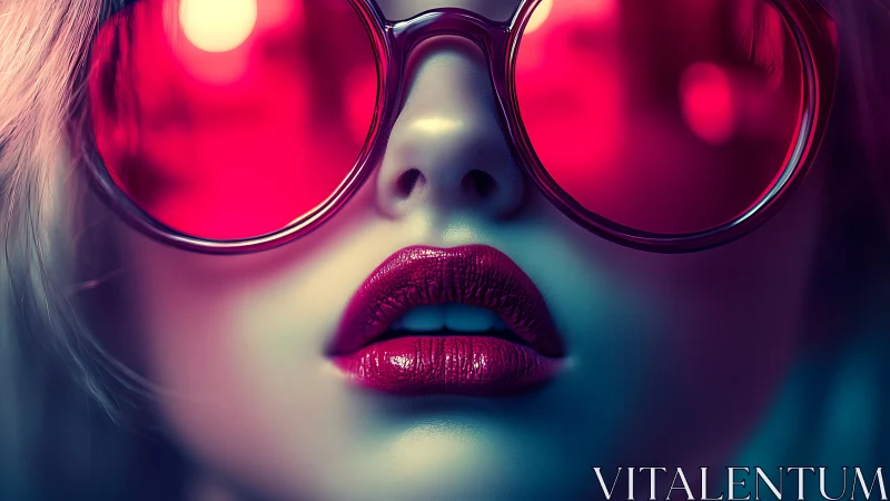 Chromatic close-up of neon-tinted lips and reflective eyewear.