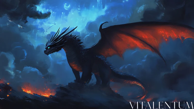 Midnight dragon rises against a blazing volcanic sky.