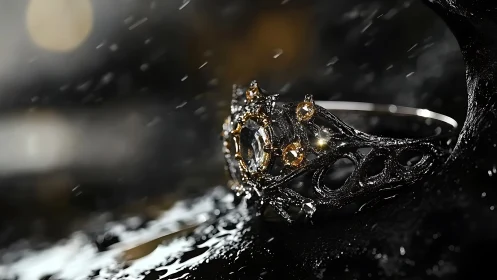 Storm-soaked crown ring sparks gold fire in the shadows