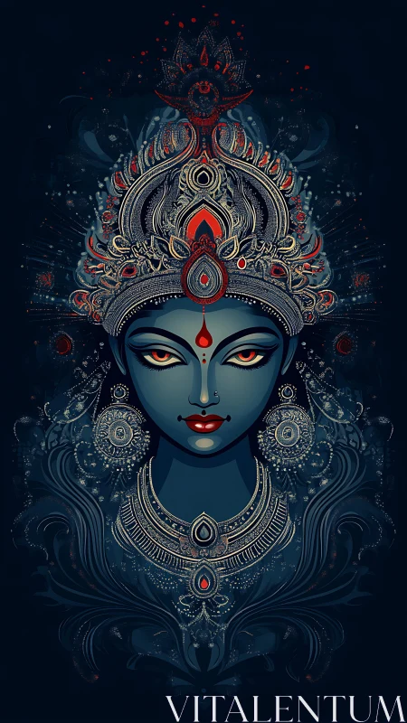 Regal blue goddess gazes calmly through ornate sacred patterns