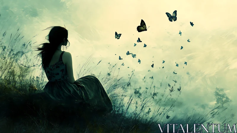 Girl watches butterflies drift through misty twilight field.