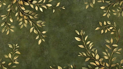 Gold botanical tendrils on textured moss green field.